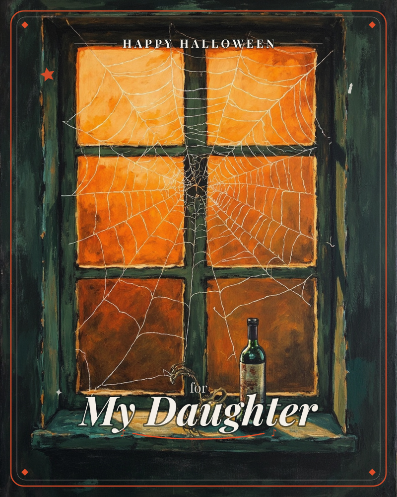An old six-pane window is painted in dark weathered green, its glass glowing amber and orange like firelight from outside, with a delicate spiderweb…, a halloween e-card design