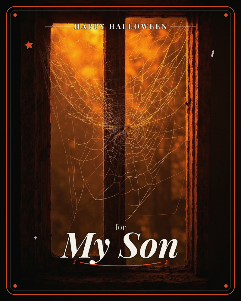 An old wooden window frame glows with deep amber light, its glass panes veiled by an intricate spider's web strung across the panels, a halloween e-card design