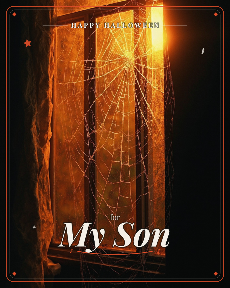 A weathered windowpane glows amber as low sunlight pours through dusty glass, catching an intricate spiderweb strung across the frame, a halloween e-card design