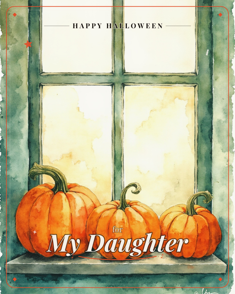 Three orange pumpkins with curling green stems sit in a row on a windowsill, framed by a teal-painted four-pane window, a halloween e-card design