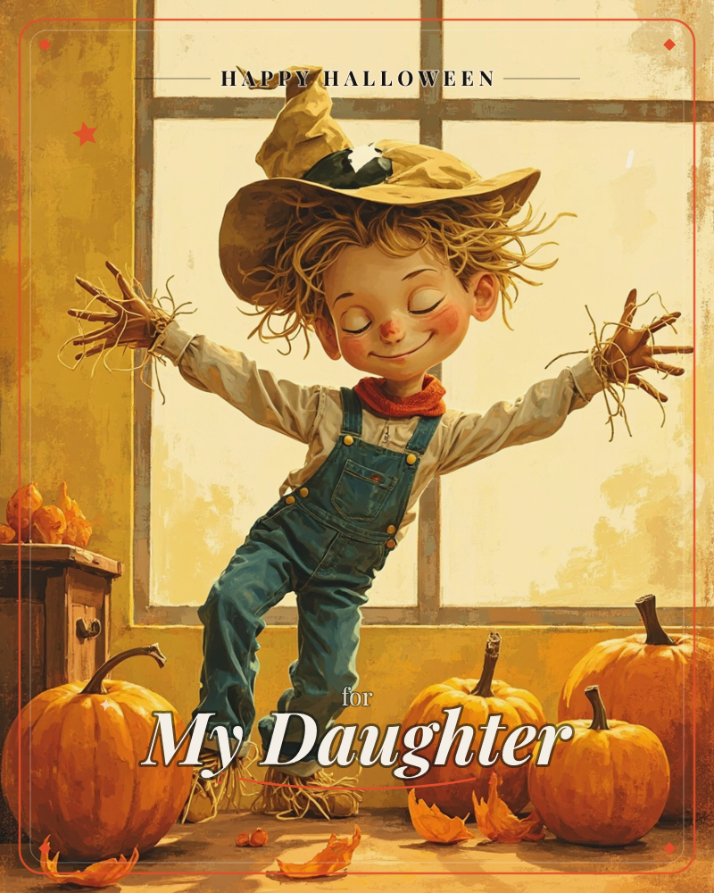 A cheerful scarecrow-costumed child stands before a sunlit window, arms flung wide with straw poking from the sleeves and gloves, eyes closed in a…, a halloween e-card design