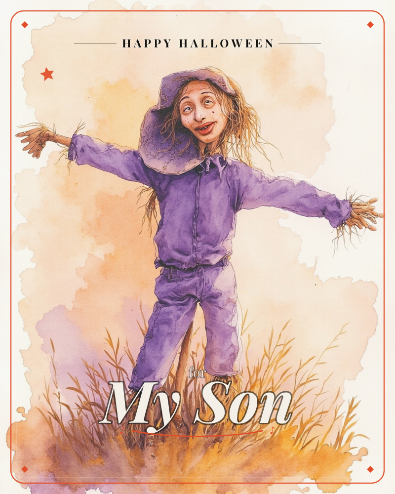 A whimsical scarecrow with straw-tufted arms and a floppy hat stands grinning in a patch of golden autumn grass, its purple overalls bright against a…, a halloween e-card design