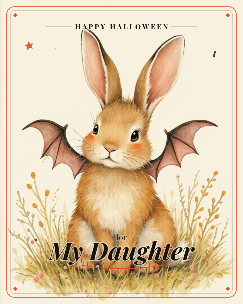 A rosy-cheeked bunny with tall pink-lined ears sits upright in a tuft of grass, sporting a pair of small bat wings instead of the usual fluffy tail…, a halloween e-card design