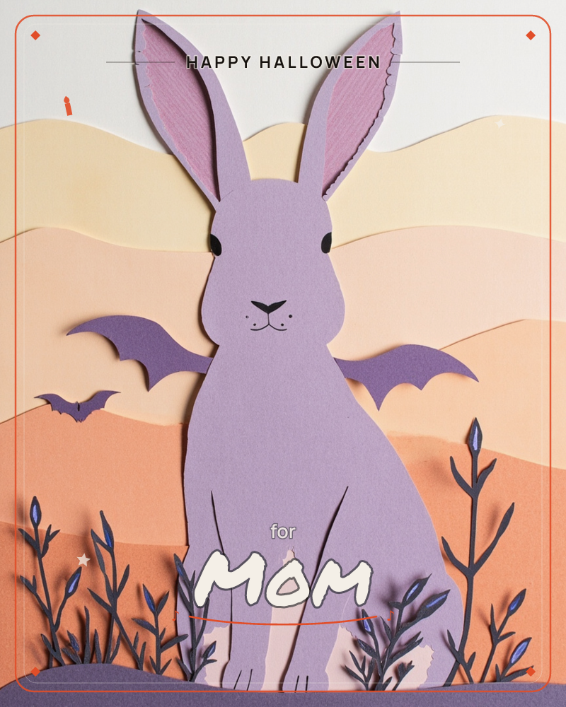 A paper-cut lavender rabbit sits upright with tall pink-lined ears, its own bat-shaped wings unfurled at its sides while a small bat flutters in the…, a halloween e-card design