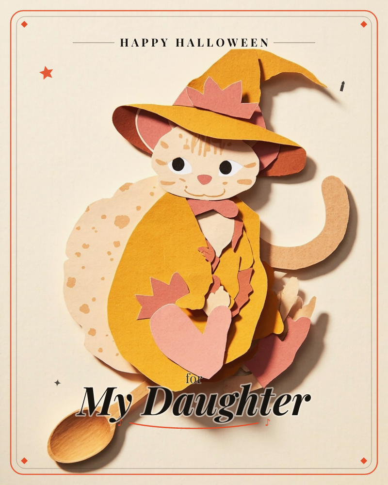 A paper-craft cat wears a tall mustard witch's hat and cloak trimmed with pink star shapes, sitting beside a small wooden spoon on a soft cream background, a halloween e-card design