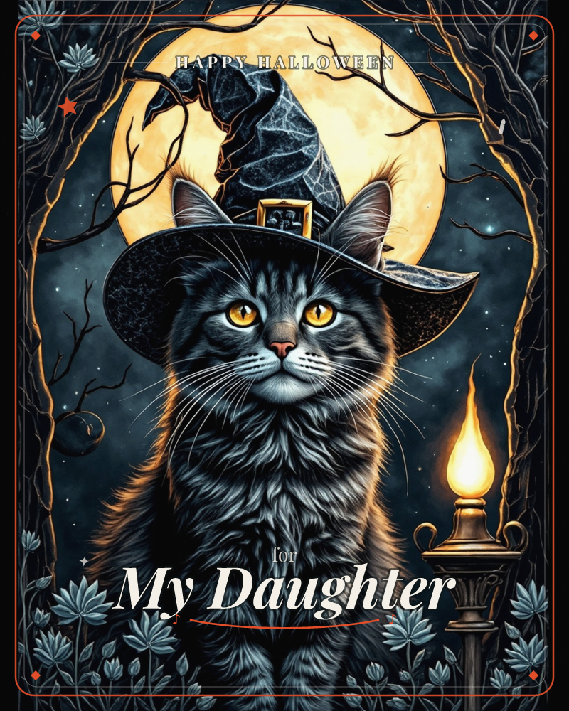 A grey tabby cat wearing a tall black witch's hat sits beneath bare, twisting branches with a huge full moon glowing behind it, a halloween e-card design