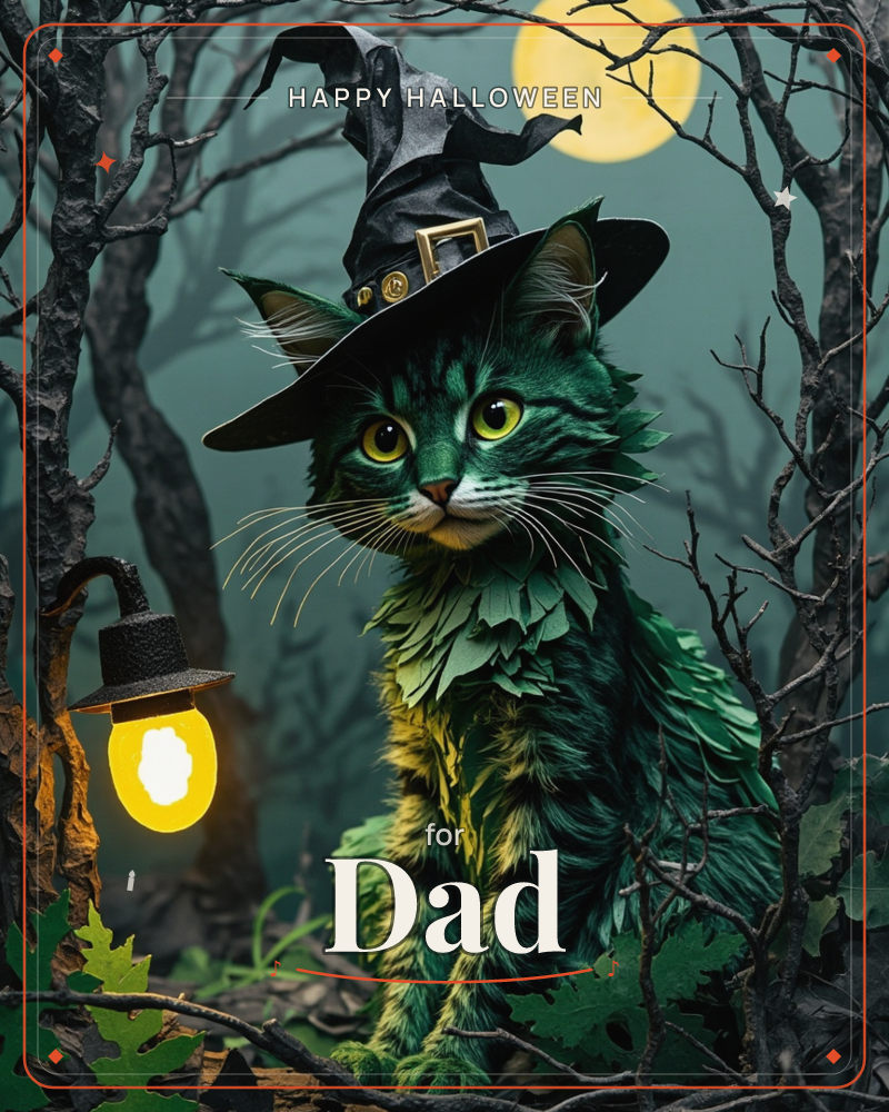 A green-furred cat wearing a crooked witch's hat sits among bare, twisting branches in a misty forest, lit by a glowing yellow lantern and a pale full…, a halloween e-card design