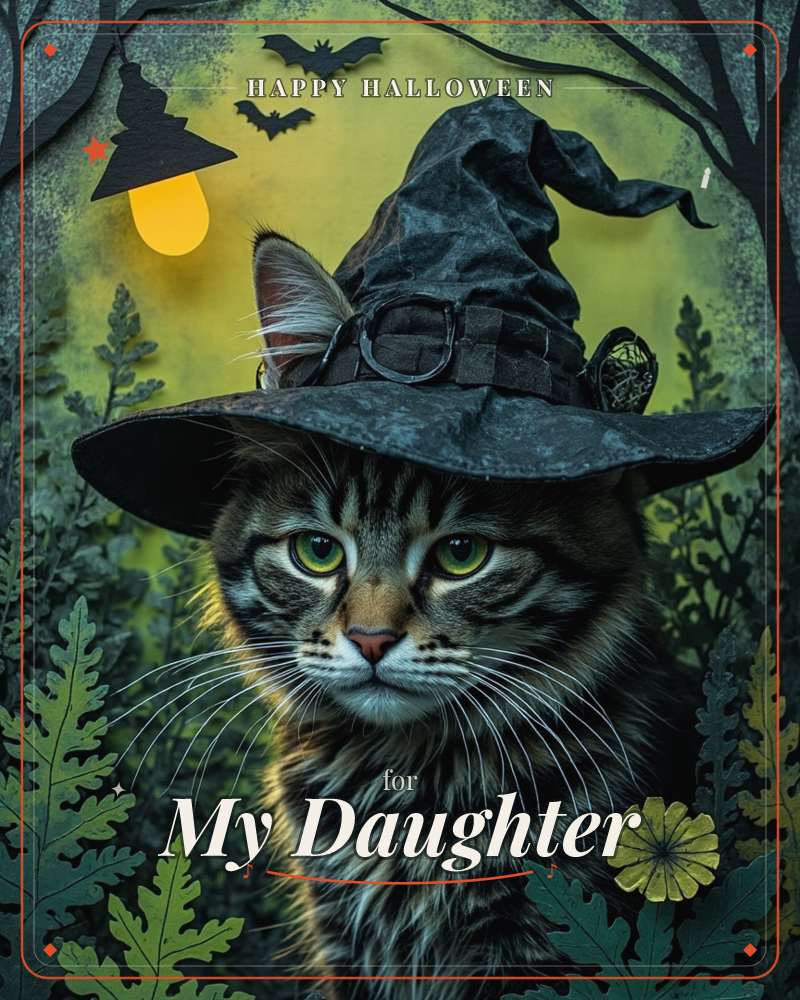 A tabby cat with bright green eyes wears an oversized, floppy witch's hat, peering out from a tangle of dark ferns and leaves, a halloween e-card design