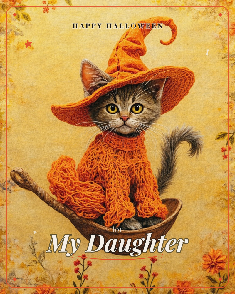 A tabby kitten sits perched in a wooden ladle, dressed in a knitted orange witch's hat and matching sweater, its tail curling behind it, a halloween e-card design