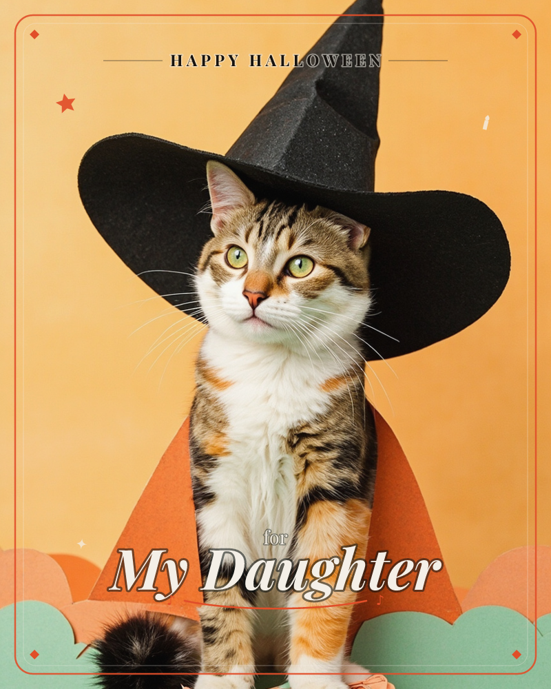 A calico cat sits primly against a warm orange backdrop, wearing an oversized black witch's hat and a matching cape, a halloween e-card design