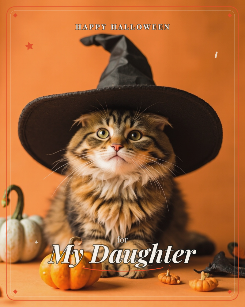 A fluffy tabby kitten sits against a solid orange backdrop, engulfed in an oversized black witch's hat that flops to one side, a halloween e-card design