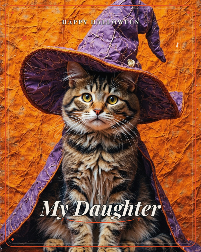 A tabby cat sits upright against a crinkled orange backdrop, wearing a satiny purple witch's hat and matching cape trimmed with gold, a halloween e-card design