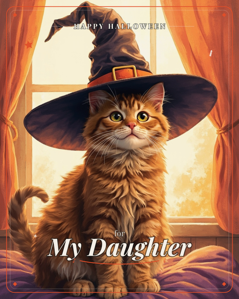 An orange tabby cat sits primly on a purple cushion before a window, wearing an oversized black witch's hat with a buckled orange band, a halloween e-card design