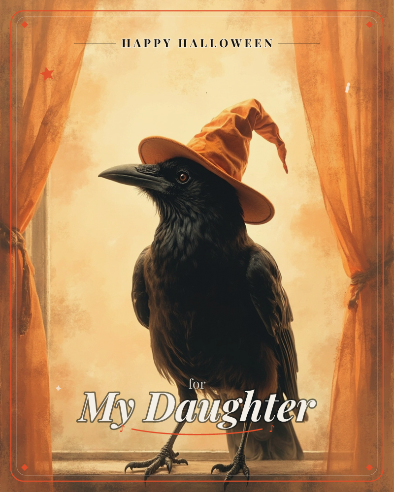 A black crow stands on a windowsill wearing a floppy orange witch's hat, framed by tied-back orange curtains against a warm, glowing amber backdrop, a halloween e-card design