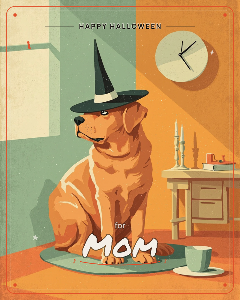 A golden dog sits obediently on a round mat wearing a tall witch's hat, in a cosy room split between teal shadow and warm orange light, a halloween e-card design
