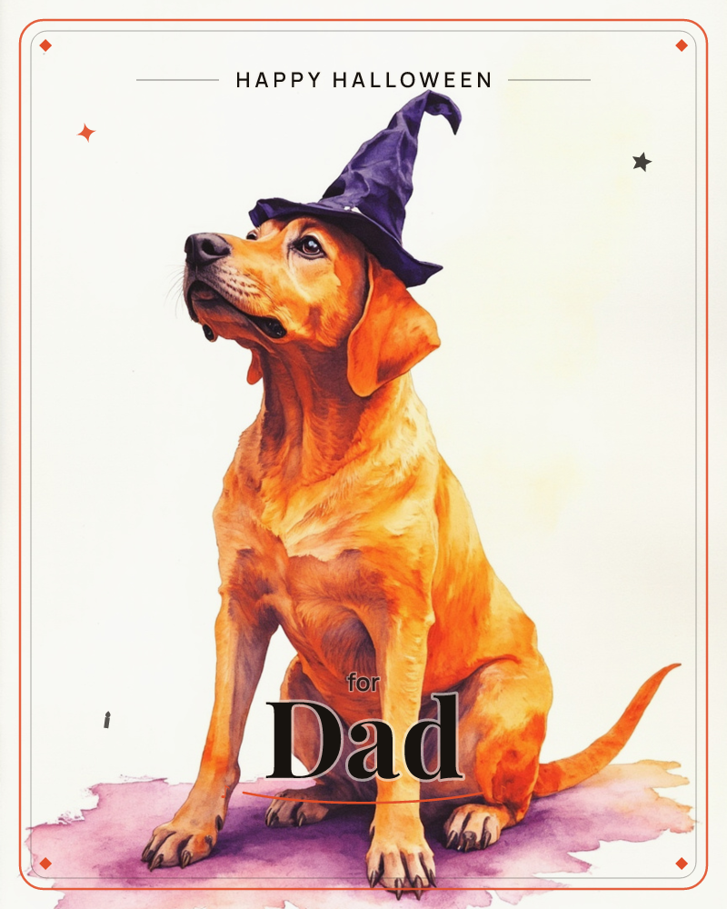 A golden-orange dog sits upright, tongue out and gaze tilted skyward, wearing a floppy purple witch's hat that flops sideways over its ears, a halloween e-card design