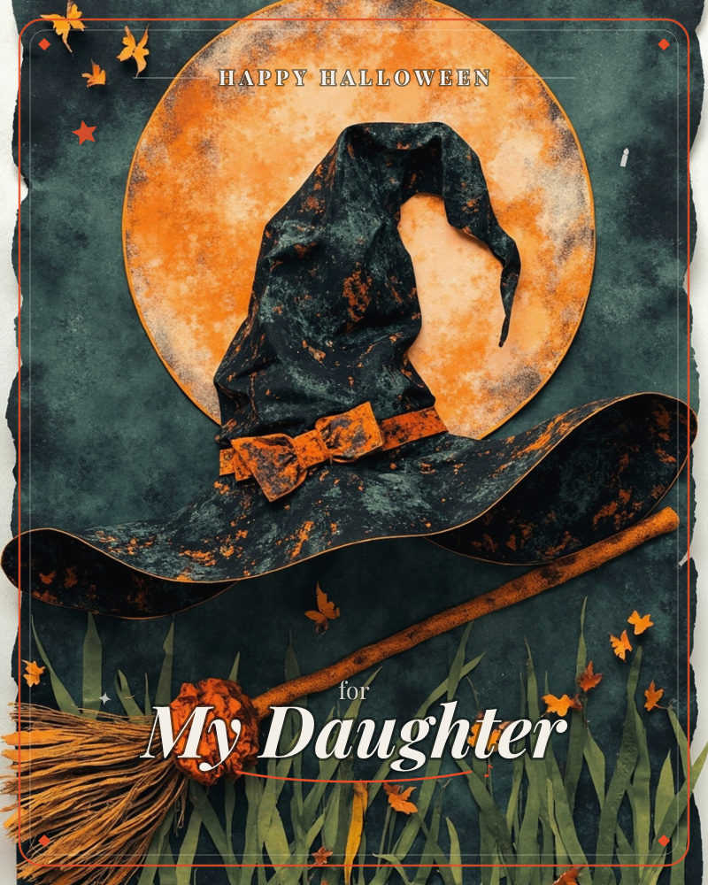A crumpled black witch's hat with a bowed buckle sits against a glowing orange full moon, a broomstick propped beside it in a patch of tall grass, a halloween e-card design