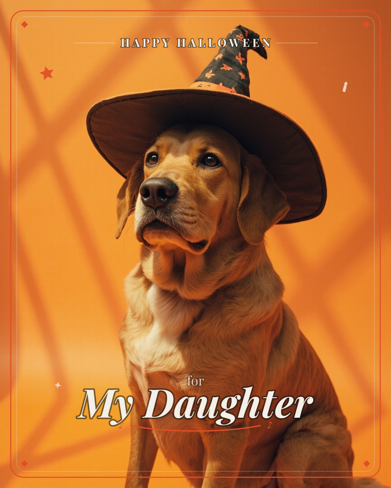 A golden Labrador sits against a bold orange backdrop, wearing a black witch's hat printed with tiny stars, its ears flopping out from under the brim, a halloween e-card design