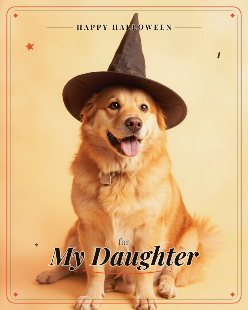 A golden retriever sits against a warm amber backdrop, wearing an oversized black witch's hat and grinning with tongue out, a halloween e-card design