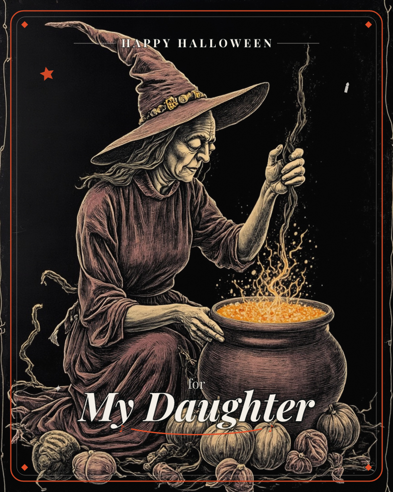 A woman in a tall pointed hat and flowing robe kneels over a cauldron, stirring a bubbling orange brew that glows and sparks against the pitch-black…, a halloween e-card design