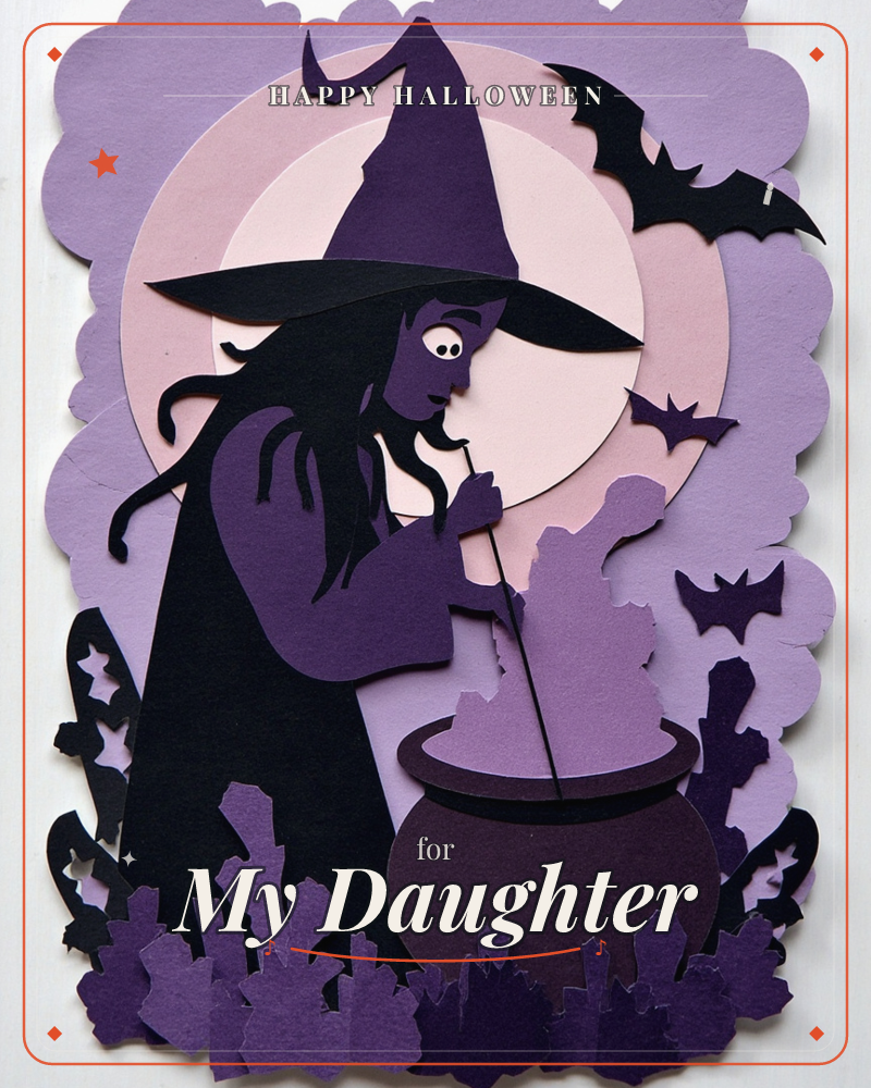 A witch in a tall pointed hat stirs a bubbling cauldron beneath a pale full moon, her cloak and hair swept into curling paper waves, a halloween e-card design