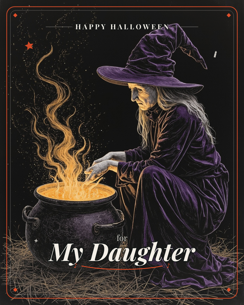 Against pure black, a witch in a purple velvet robe and tall pointed hat kneels beside a black cauldron, sprinkling something into the glowing golden brew, a halloween e-card design