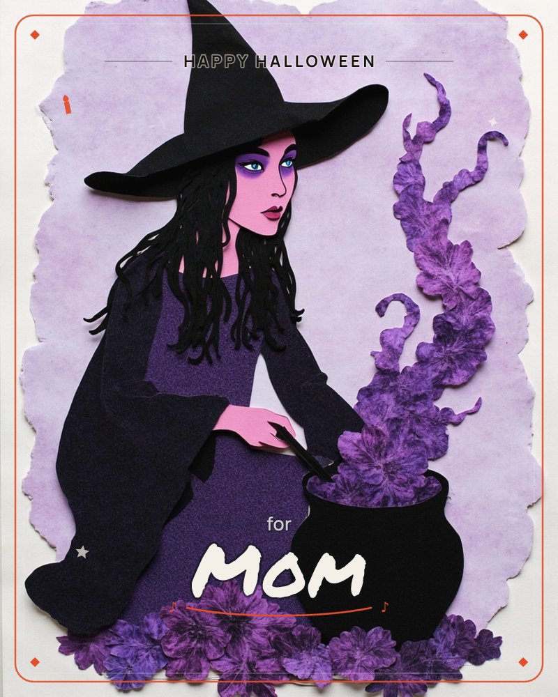 A witch with long black hair and a wide-brimmed black hat kneels beside a black cauldron, stirring it with a wand as a plume of textured purple smoke…, a halloween e-card design