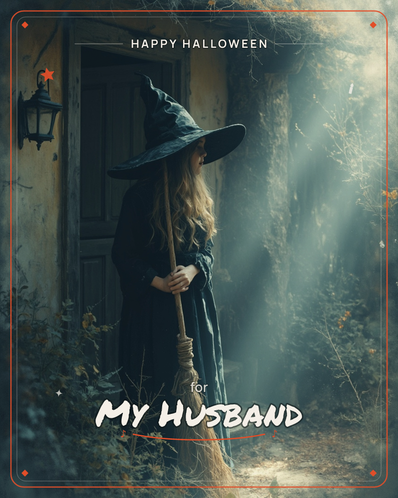 A woman in a long dark cloak and wide-brimmed pointed hat stands beside a weathered cottage door, holding a straw broom, a halloween e-card design