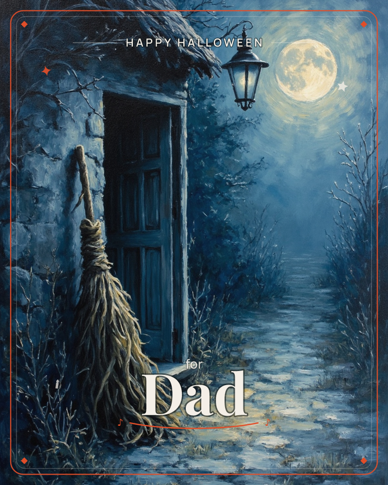 A stone cottage door stands open under a thatched eave, an old straw broom leaning against its frame, while a hanging lantern glows beside a huge full…, a halloween e-card design