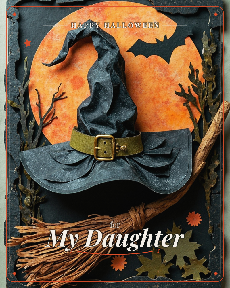 A textured black witch's hat with a gold buckled band sits against a mottled orange moon, a paper bat silhouette cut into the sky above it, a halloween e-card design