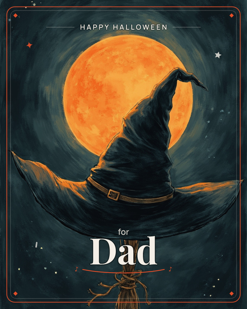 A pointed witch's hat with a bent tip and buckled band rests atop a rough broom handle, silhouetted against a swirling teal night sky, a halloween e-card design