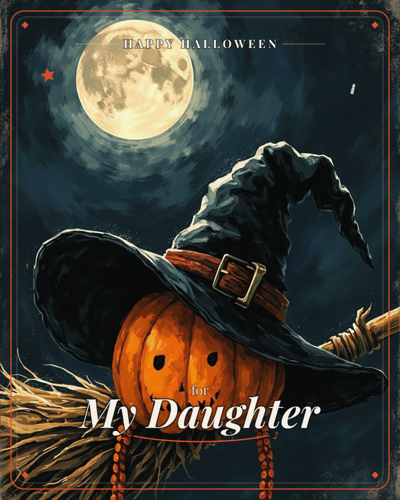 A carved jack-o'-lantern wears a floppy black witch's hat with a brass-buckled band, straw poking out beneath like a scarecrow's ruff, all set against…, a halloween e-card design