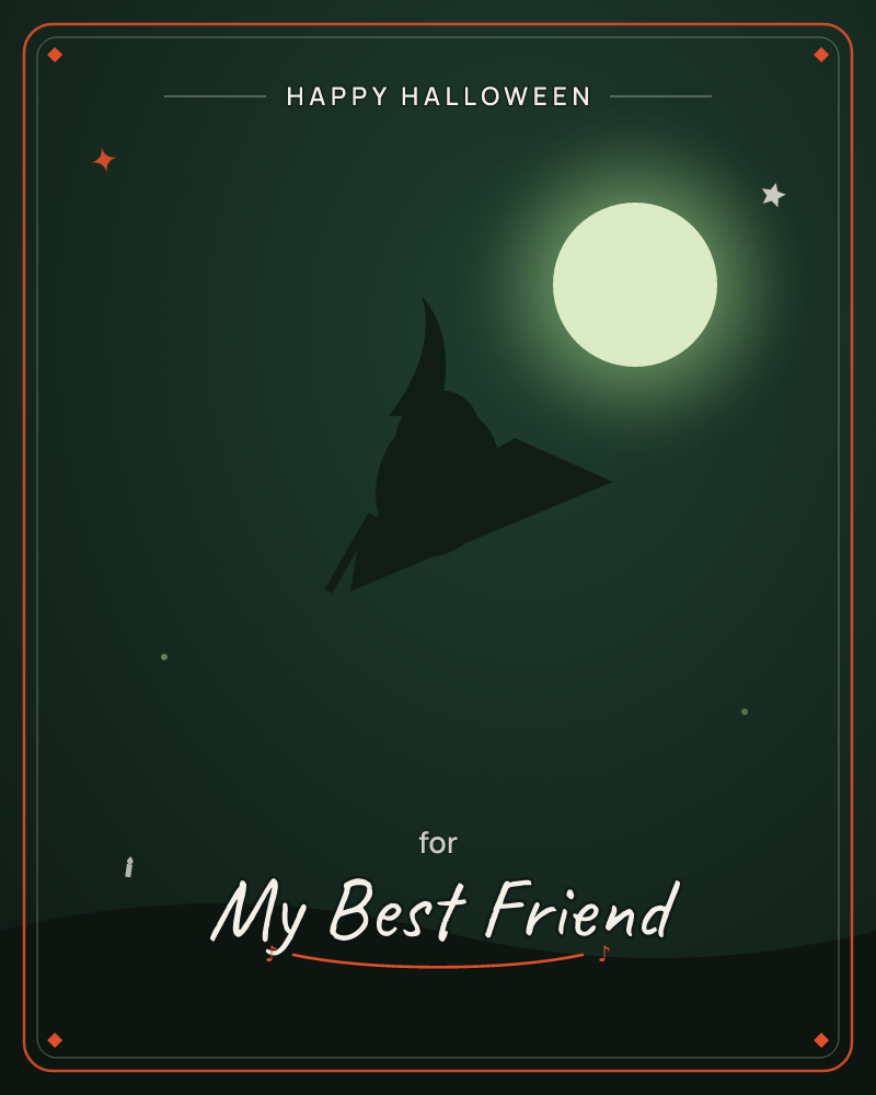 A witch on a broomstick is silhouetted in flight against a glowing full moon, her pointed hat catching the eerie green light, a halloween e-card design by @DittyCityTeam