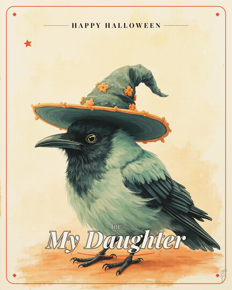 A hooded crow stands in profile against a warm cream backdrop, wearing an oversized witch's hat trimmed with tiny orange flowers, a halloween e-card design