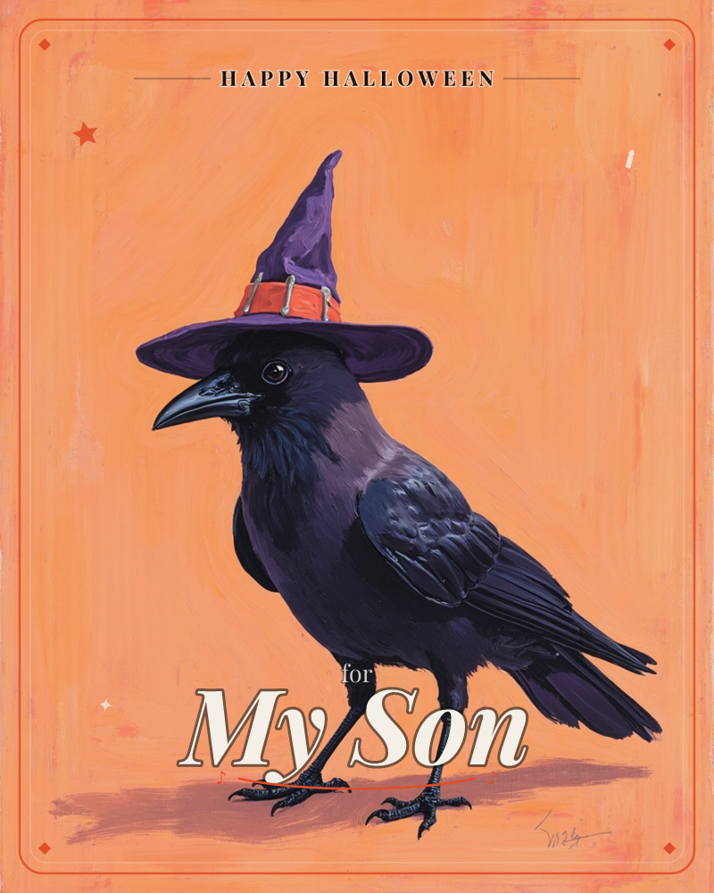 A glossy black crow stands in profile against a bright, brushy orange background, wearing a purple witch's hat with an orange buckled band tipped…, a halloween e-card design