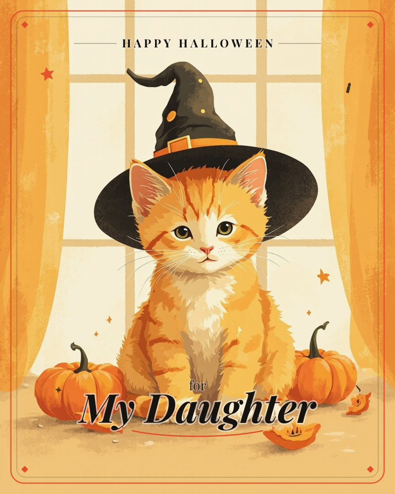 An orange tabby kitten sits in a sunlit window wearing an oversized black witch hat with tiny gold buckle and stars, flanked by two small pumpkins, a halloween e-card design