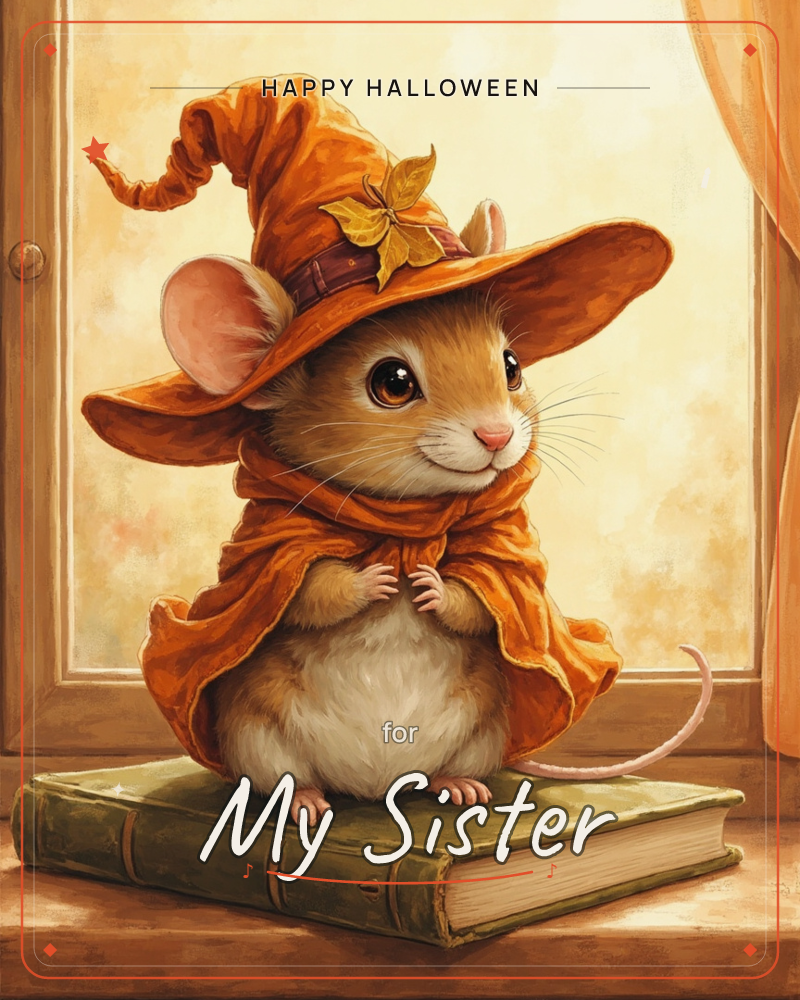 A small mouse in an oversized floppy orange hat and matching cloak stands atop a worn green book on a wooden windowsill, a halloween e-card design