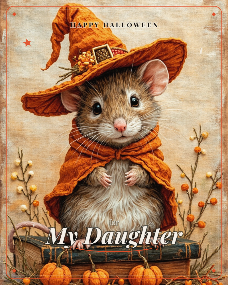 A wide-eyed mouse stands upright wearing a floppy orange witch's hat with a small buckle and a matching draped cloak, paws folded over its soft belly, a halloween e-card design