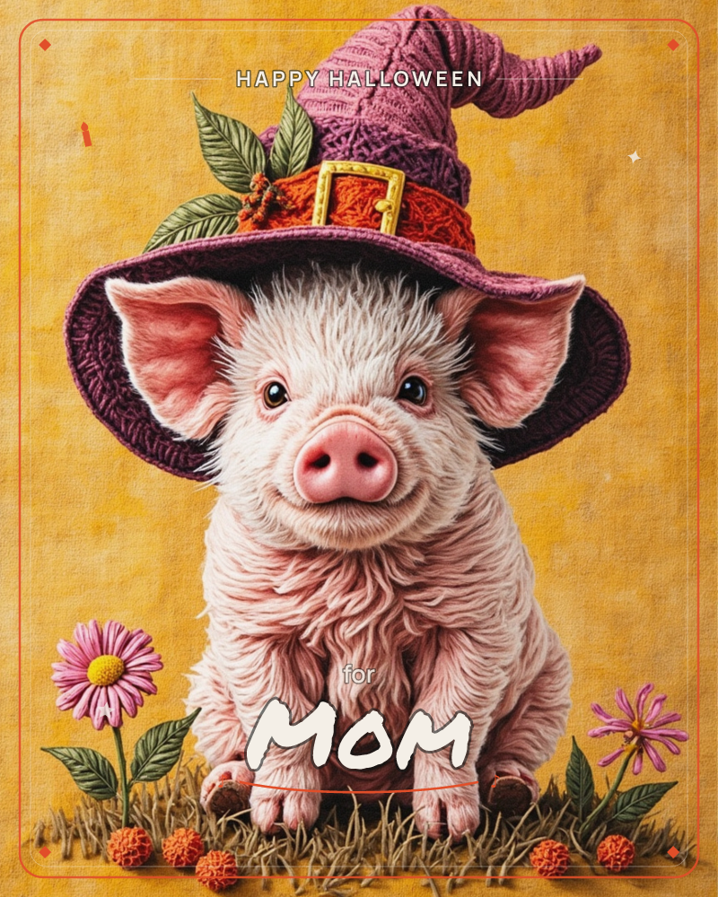 A fluffy pink piglet sits on golden grass wearing a tall, floppy knitted witch hat trimmed with an orange band and gold buckle, leaves and a sprig…, a halloween e-card design