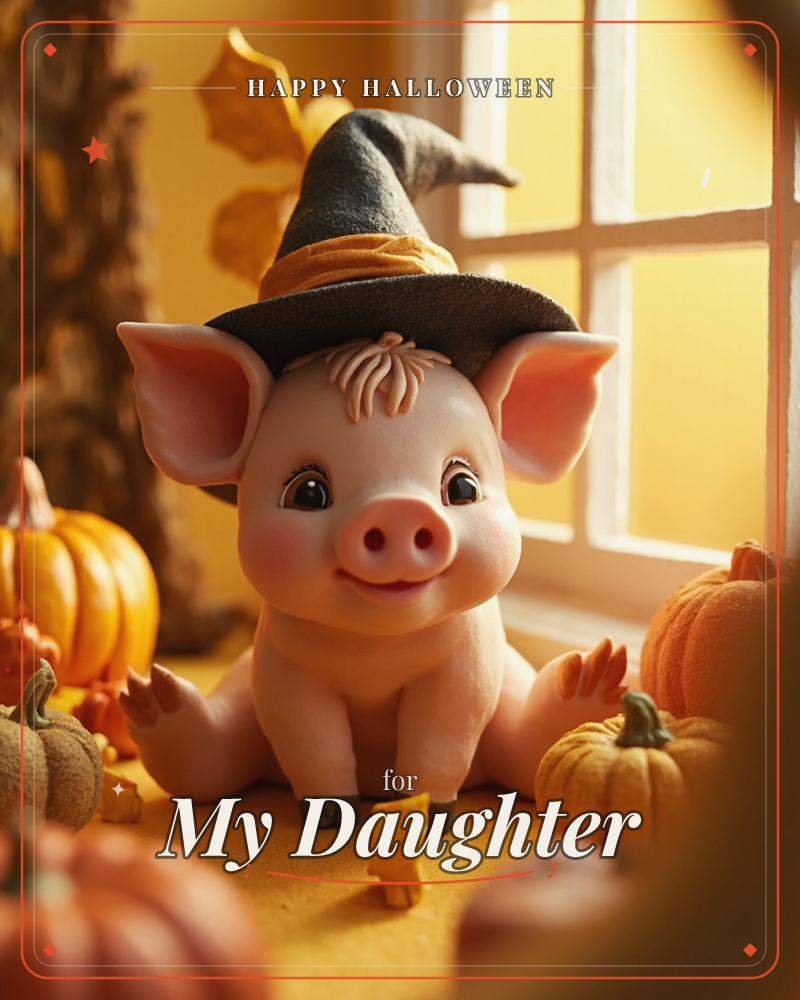 A pink figurine piglet sits by a sunlit window wearing a black witch's hat, surrounded by a cluster of orange and cream pumpkins and gourds, a halloween e-card design