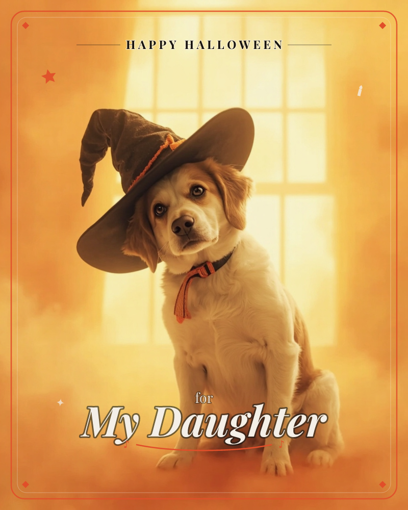 A puppy with a tan and white coat sits in front of a glowing window, wearing an oversized black witch's hat and an orange ribbon collar, a halloween e-card design