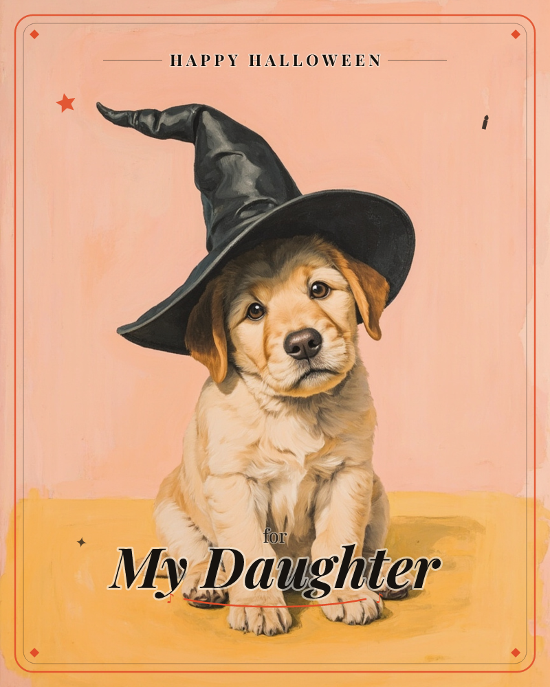 A golden puppy sits obediently against a soft pink backdrop, a tall black witch's hat slouching sideways over its ears, a halloween e-card design