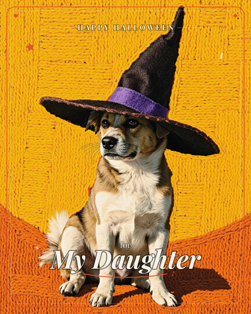 A tan and white dog sits patiently under a black witch's hat with a purple band, its brim drooping over the dog's ears against a bright orange and…, a halloween e-card design