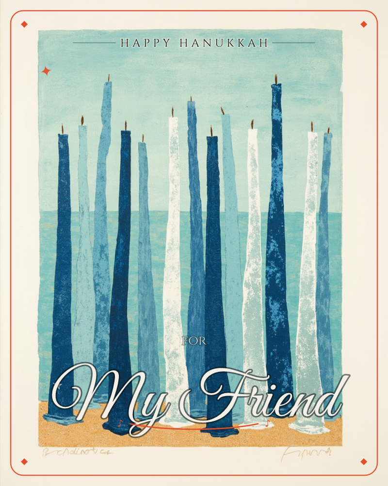 A row of tall, unlit tapered candles in navy, powder blue and white stand side by side against a flat wash of turquoise sea and sky, their bases set in…, a hanukkah e-card design
