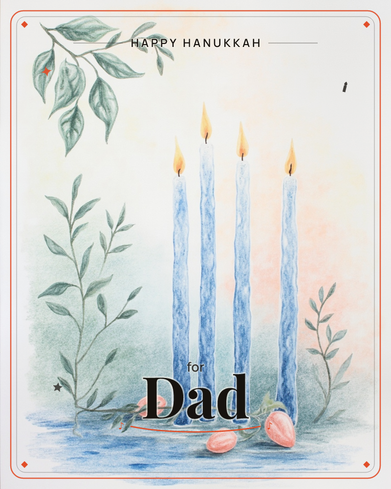 Four tall dusty-blue candles stand in a row, each lit with a soft golden flame, surrounded by trailing green leaves and a few pale coral rosebuds…, a hanukkah e-card design
