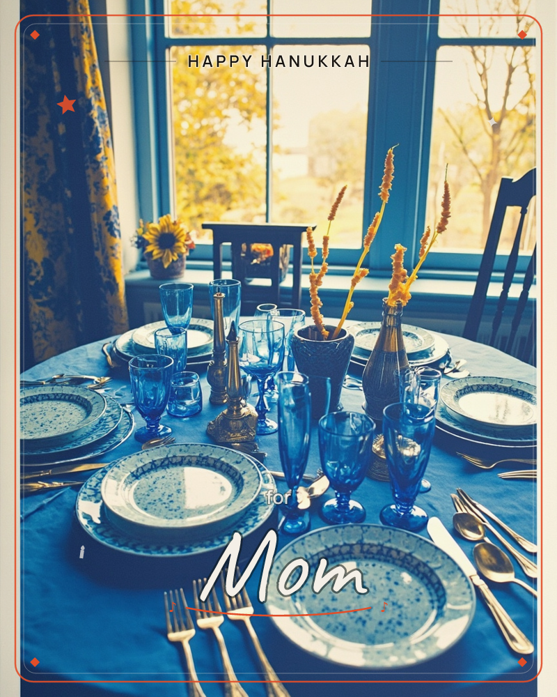 A round dining table is set for a gathering with blue-and-white patterned plates, a cluster of blue glassware, and gold cutlery laid neatly at each place, a hanukkah e-card design