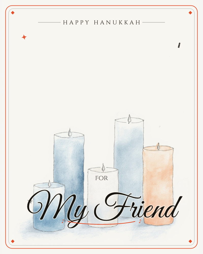 Five pillar candles of varying heights stand in a loose row against a plain cream background, each topped with a small flickering flame, a hanukkah e-card design