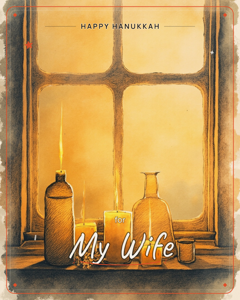 A row of lit candles and old glass bottles lines a wooden windowsill, their flames glowing against the warm amber light pouring through a paned window, a hanukkah e-card design