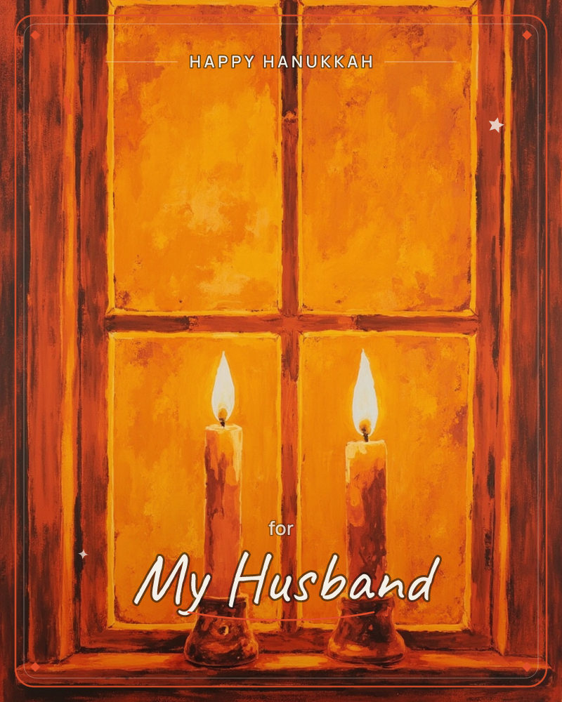 Two lit candles stand on a windowsill in small round holders, their flames glowing against a four-paned window that glows amber and gold as if lit from…, a hanukkah e-card design