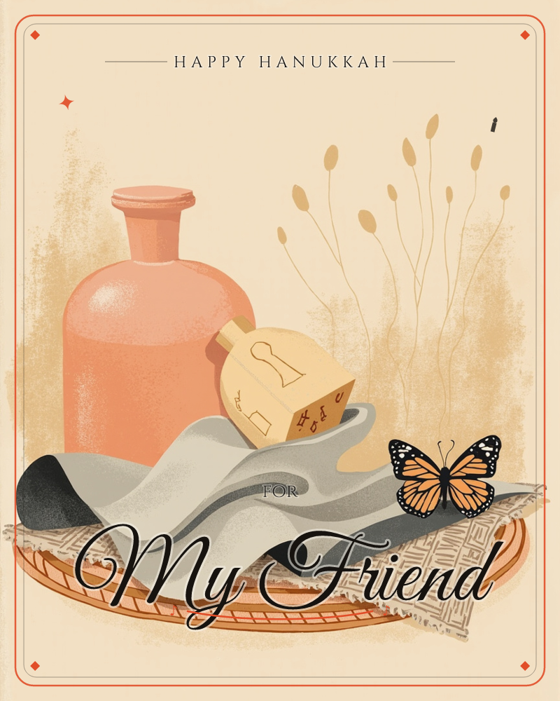 A pink glass bottle and a wooden dreidel rest on a woven tray, draped with a soft grey cloth and a woven textile fringe, a hanukkah e-card design